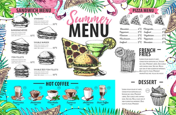 Disegno a mano disegno menu estivo con fenicottero e foglie tropicali. Menù ristorante — Vettoriale Stock