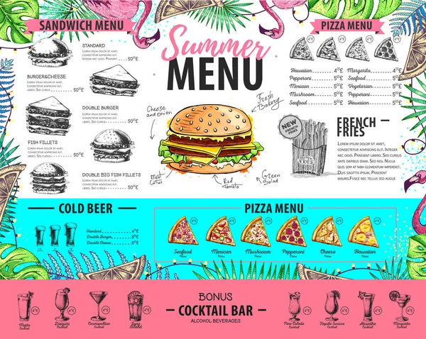 Dibujo a mano de diseño de menú de verano con flamenco y hojas tropicales. Menú restaurante — Vector de stock