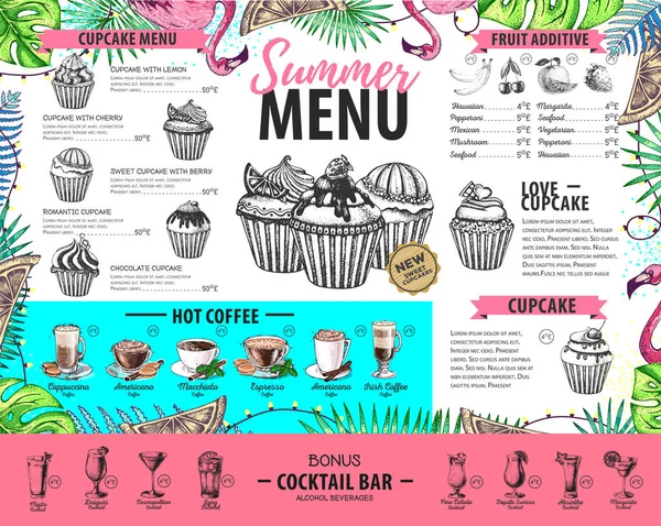 Handtekening zomermenu ontwerp met flamingo en tropisch blad. Restaurant menu — Stockvector