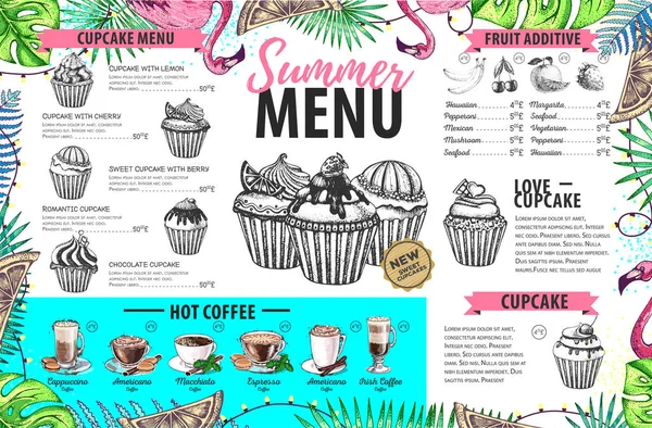 Desenho à mão design menu de verão com flamingo e folhas trópicas. Menu restaurante — Vetor de Stock
