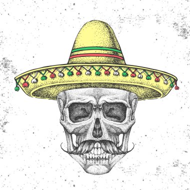 Grunge arka planında şapkası olan el çizimi hippi kafatası. Hippi tarzı.