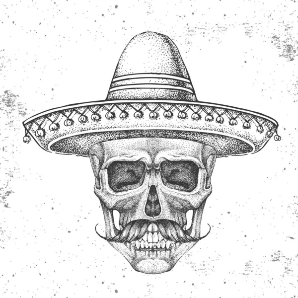 Grunge arka planında şapkası olan el çizimi hippi kafatası. Hippi tarzı.