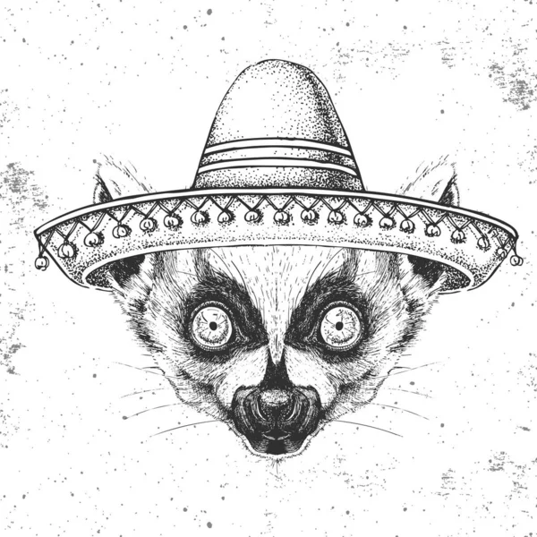 Lémurien hipster portant un chapeau sombrero. Dessin à la main Museau de lémurien — Image vectorielle