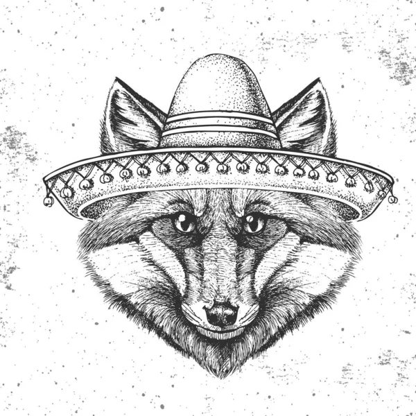 Zorro animal Hipster con sombrero sombrero. Dibujo a mano Bozal de zorro — Archivo Imágenes Vectoriales