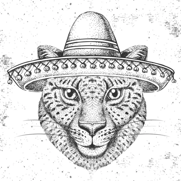 Guepardo animal Hipster con sombrero sombrero. Dibujo a mano Hocico de guepardo — Vector de stock