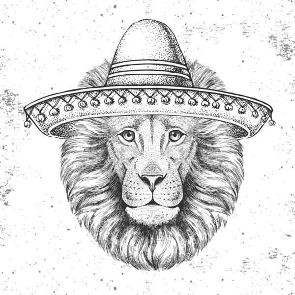 León animal Hipster con sombrero sombrero. Dibujo a mano Bozal de león — Vector de stock