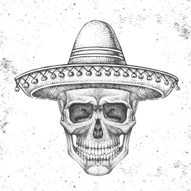 Grunge arka planında şapkası olan el çizimi hippi kafatası. Hippi tarzı.