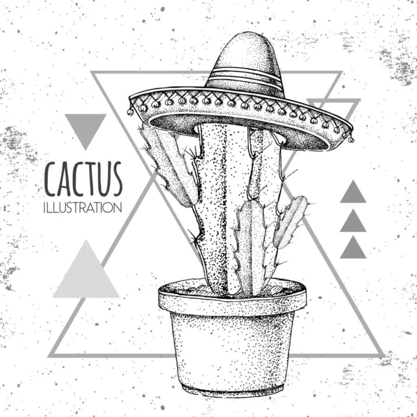 Ręczne rysowanie kaktusa w sombrero kapeluszu na tle trójkąta grunge. Ilustracja wektora — Wektor stockowy