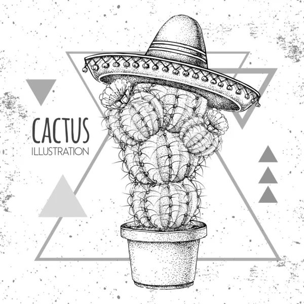 Handtekening cactus in sombrero hoed op grunge driehoek achtergrond. Vectorillustratie — Stockvector