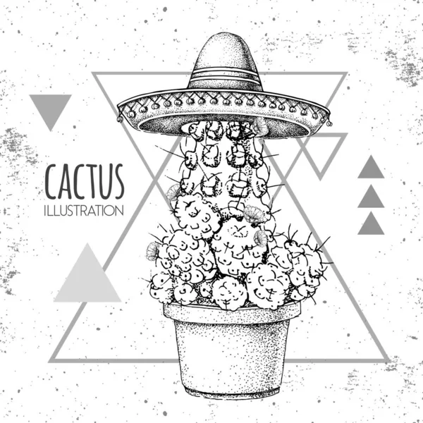 Kézzel rajzolt kaktusz sombrero kalap grunge háromszög háttér. Vektorillusztráció — Stock Vector