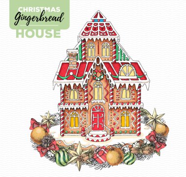 Hand drawing illustration of christmas gingerbread house and holiday wreath. Sweet bakery vector Hand drawing illustration of christmas gingerbread house and holiday wreath. Sweet bakery vector