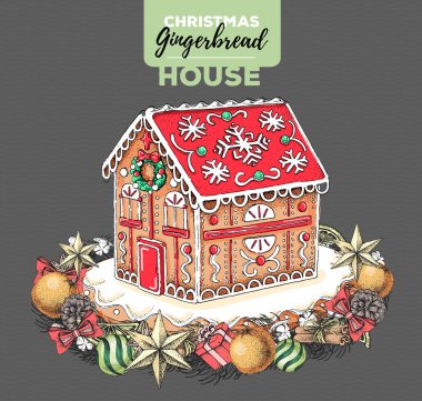 Hand drawing illustration of christmas gingerbread house and holiday wreath. Sweet bakery vector Hand drawing illustration of christmas gingerbread house and holiday wreath. Sweet bakery vector