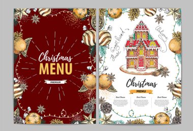Christmas menu design with sweet gingerbread house and christmas decorations vector Christmas menu design with sweet gingerbread house and christmas decorations vector