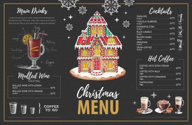 Christmas menu design with sweet gingerbread house, coffee and christmas cocktails vector Christmas menu design with sweet gingerbread house, coffee and christmas cocktails vector