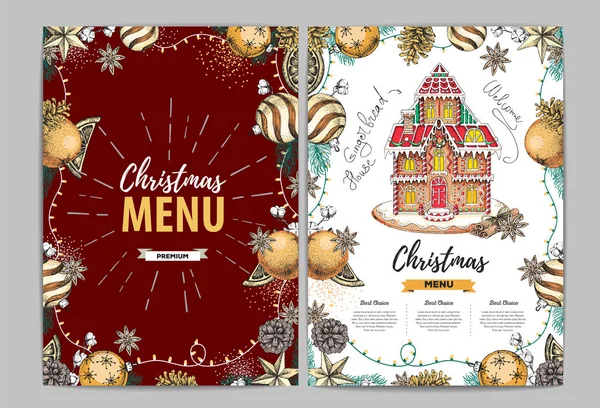 Świąteczne menu z dekoracjami domku z piernika i świąt Bożego Narodzenia — Wektor stockowy