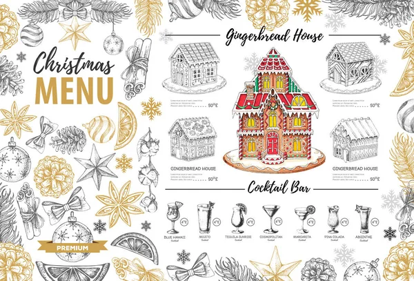 Conception de menu de Noël avec maison en pain d'épice sucré et cocktails de Noël — Image vectorielle