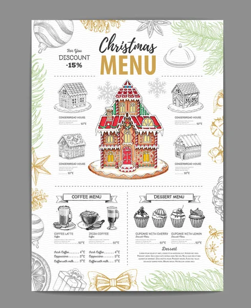 Diseño de menú de Navidad con casa de pan de jengibre dulce, café y cupcakes — Vector de stock