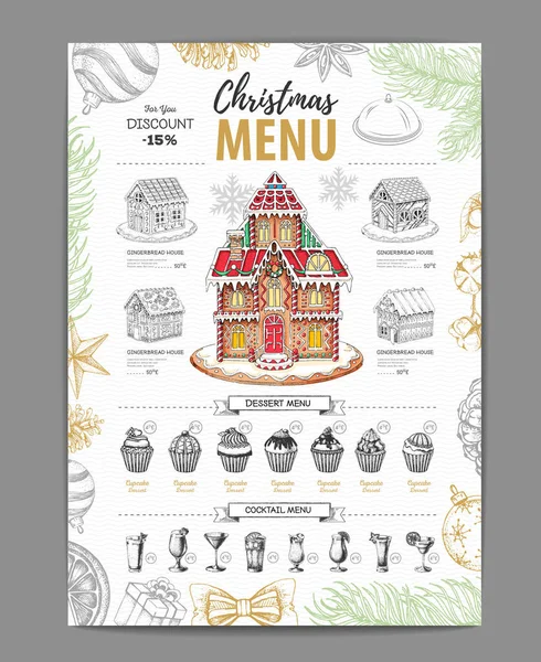 甘いジンジャーブレッドハウス、カップケーキやカクテルとクリスマスメニューのデザイン — ストックベクタ