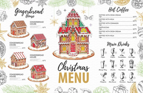 Tatlı zencefilli kurabiye evi ve Noel kokteylleriyle Noel menüsü tasarımı. — Stok Vektör