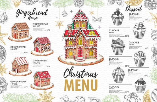 Diseño de menú de Navidad con casa de pan de jengibre dulce y cupcakes — Archivo Imágenes Vectoriales