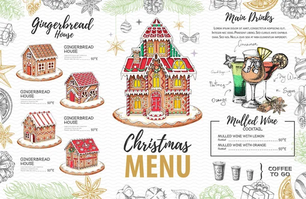 Conception de menu de Noël avec maison en pain d'épice sucré et cocktails de Noël — Image vectorielle