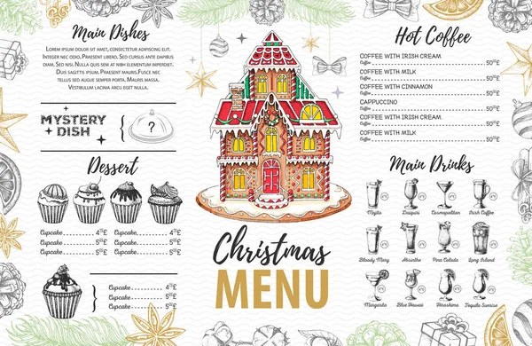 Diseño de menú de Navidad con casa de pan de jengibre dulce, cupcakes y cócteles — Vector de stock