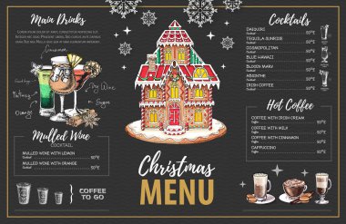 Christmas menu design with sweet gingerbread house, coffee and christmas cocktails vector Christmas menu design with sweet gingerbread house, coffee and christmas cocktails vector
