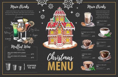 Christmas menu design with sweet gingerbread house, coffee and christmas cocktails vector Christmas menu design with sweet gingerbread house, coffee and christmas cocktails vector