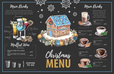 Christmas menu design with sweet gingerbread house, coffee and christmas cocktails vector Christmas menu design with sweet gingerbread house, coffee and christmas cocktails vector