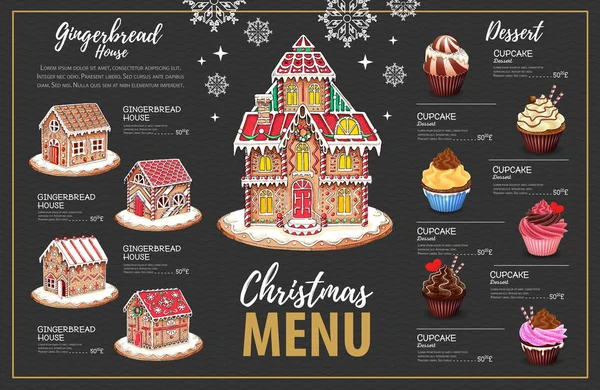 Weihnachtsmenü-Design mit süßem Lebkuchenhaus und Cupcakes — Stockvektor