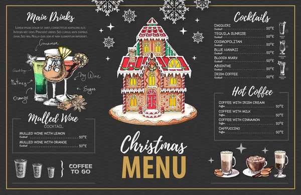 Diseño de menú de Navidad con casa de pan de jengibre dulce, café y cócteles de Navidad — Vector de stock