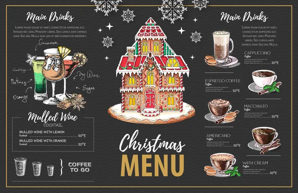 Tatlı zencefilli kurabiye evi, kahve ve noel kokteylli Noel menüsü tasarımı — Stok Vektör