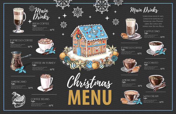 Дизайн рождественского меню со сладким пряничным домиком и кофе
