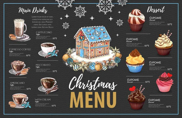 Christmas menu design with sweet gingerbread house, cupcakes and coffe — Stock Vector