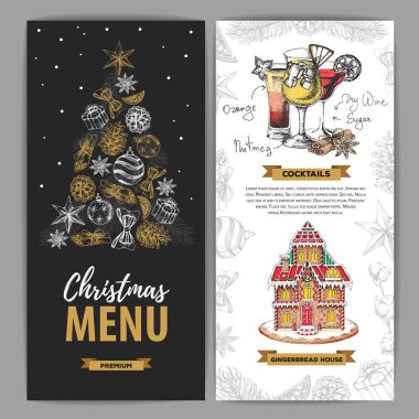 Christmas menu design with sweet gingerbread house and christmas cocktails vector Christmas menu design with sweet gingerbread house and christmas cocktails vector