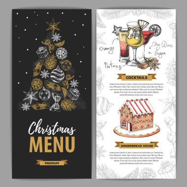 Christmas menu design with sweet gingerbread house and christmas cocktails vector Christmas menu design with sweet gingerbread house and christmas cocktails vector