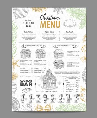 Christmas menu design with sweet gingerbread house and christmas cocktails vector Christmas menu design with sweet gingerbread house and christmas cocktails vector