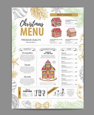 Christmas menu design with sweet gingerbread house and christmas cocktails vector Christmas menu design with sweet gingerbread house and christmas cocktails vector