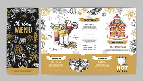 Diseño de menú de Navidad con casa de pan de jengibre dulce, cupcakes y cócteles — Archivo Imágenes Vectoriales