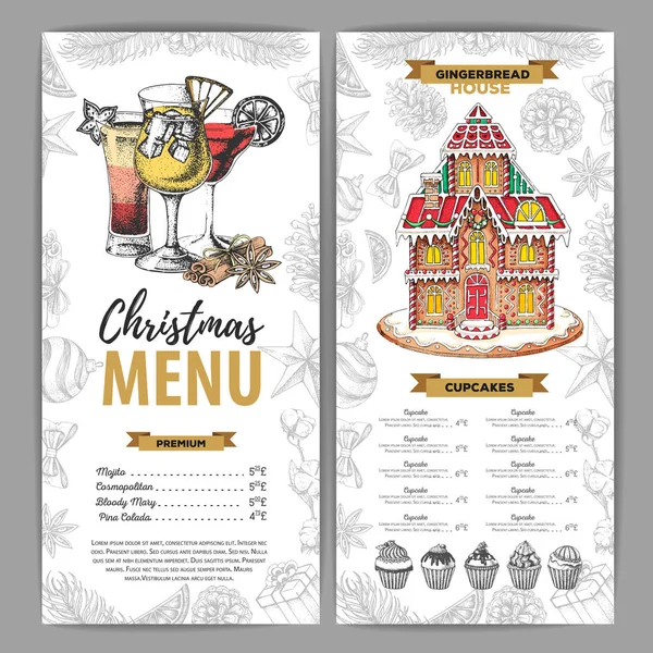 Kerstmenu ontwerp met zoete peperkoek huis, cupcakes en cocktails — Stockvector