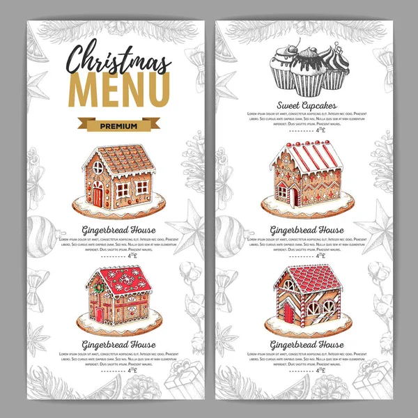 Vánoční menu design se sladkou perníkovou chaloupkou a cupcakes. Vánoční ozdoby — Stockový vektor