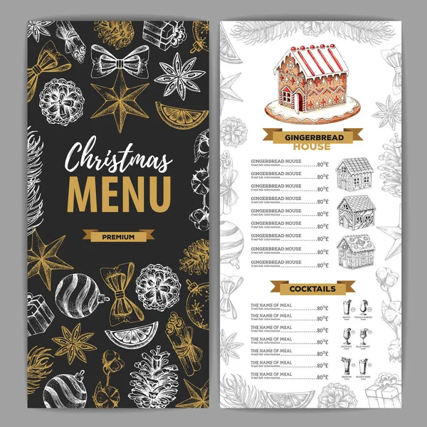 Diseño de menú de Navidad con casa de pan de jengibre dulce y cócteles de Navidad — Vector de stock