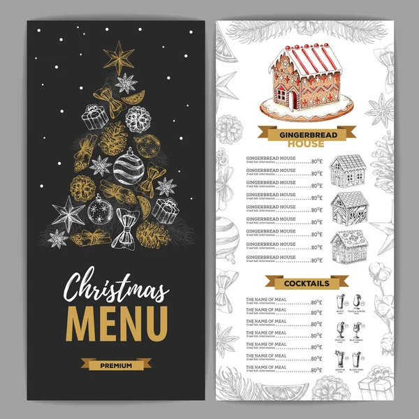 Diseño de menú de Navidad con casa de pan de jengibre dulce y cócteles de Navidad — Vector de stock
