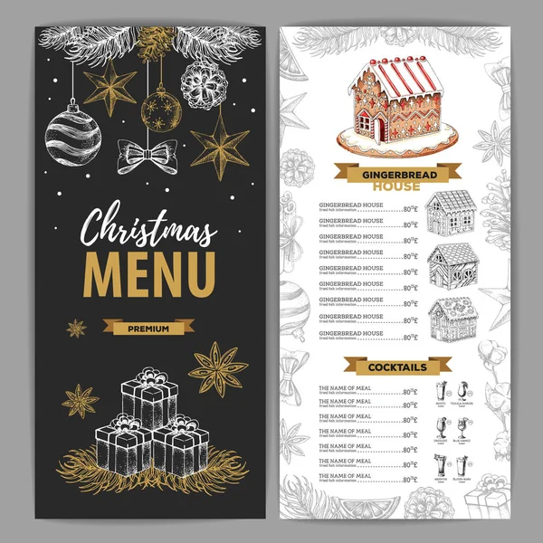 Design de menu de Natal com casa de gengibre doce e coquetéis de Natal — Vetor de Stock