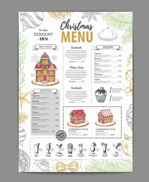 Conception de menu de Noël avec maison de pain d'épice doux, cupcakes et cocktails — Image vectorielle