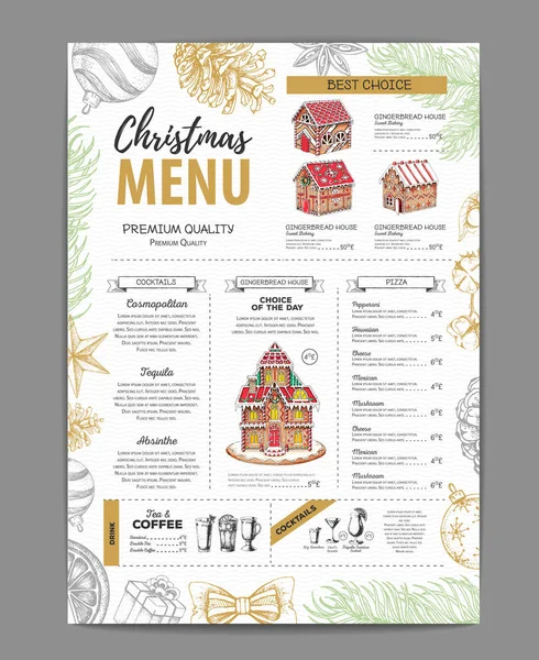 Conception de menu de Noël avec maison en pain d'épice sucré et cocktails de Noël — Image vectorielle