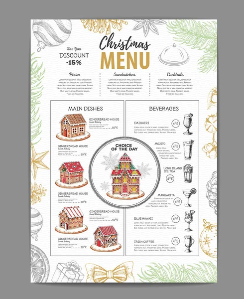 Vánoční menu design se sladkou perníkovou chaloupkou a vánoční koktejly — Stockový vektor