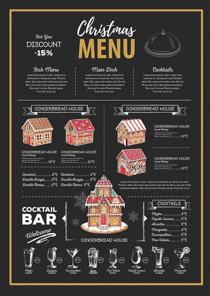 Świąteczne menu z domkiem z piernika i koktajlami świątecznymi — Wektor stockowy