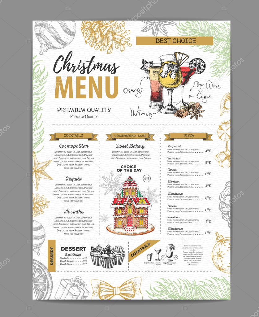 Christmas menu design with sweet gingerbread house, cupcakes and cocktails
