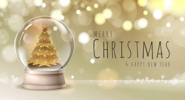 Ilustración vectorial realista de bola de nieve con árbol de Navidad de oro en el interior. Vacaciones borrosas Navidad brillo fondo — Archivo Imágenes Vectoriales